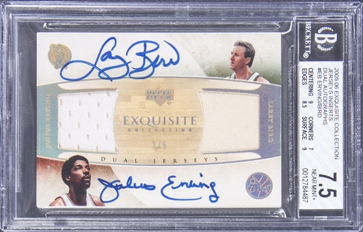 2005-06 UD "Exquisite Collection" Jersey Inserts Dual Autographs #EB Larry Bird/Julius Erving Dual Signed Patch Card (#2/5) - BGS NM+ 7.5/BGS 10 